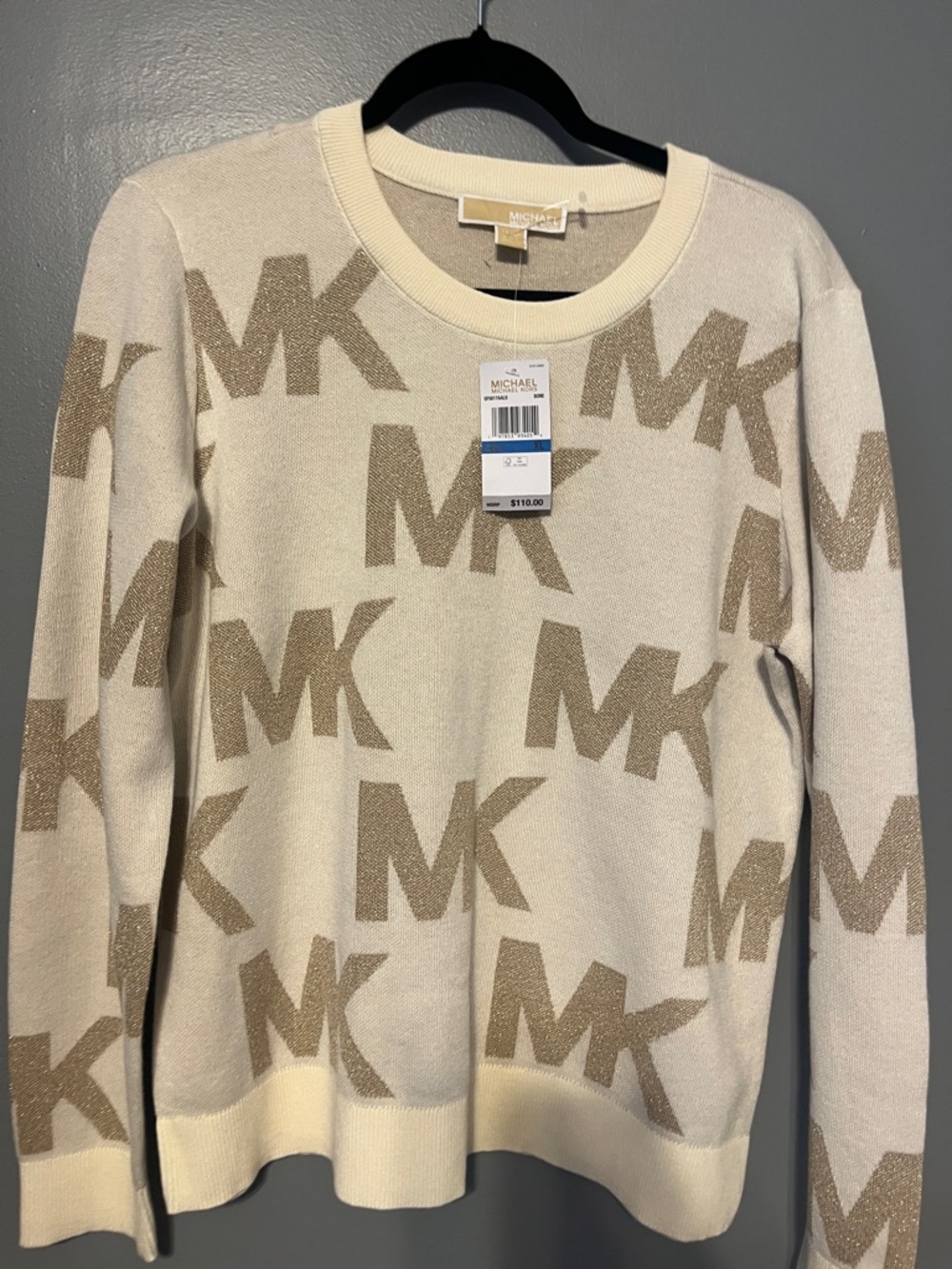 Michael Kors Cream Sweater with Tan MK Logo Jacquard